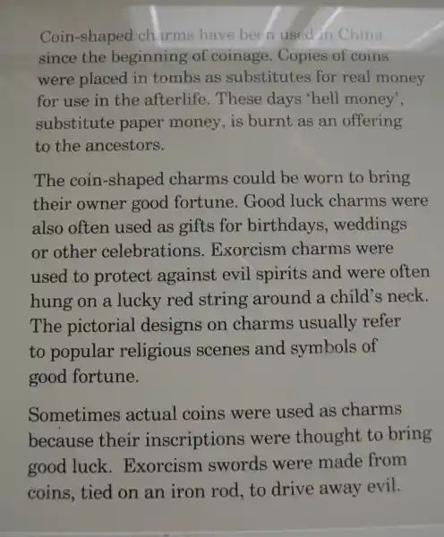 Money for the dead, coined-shaped charms